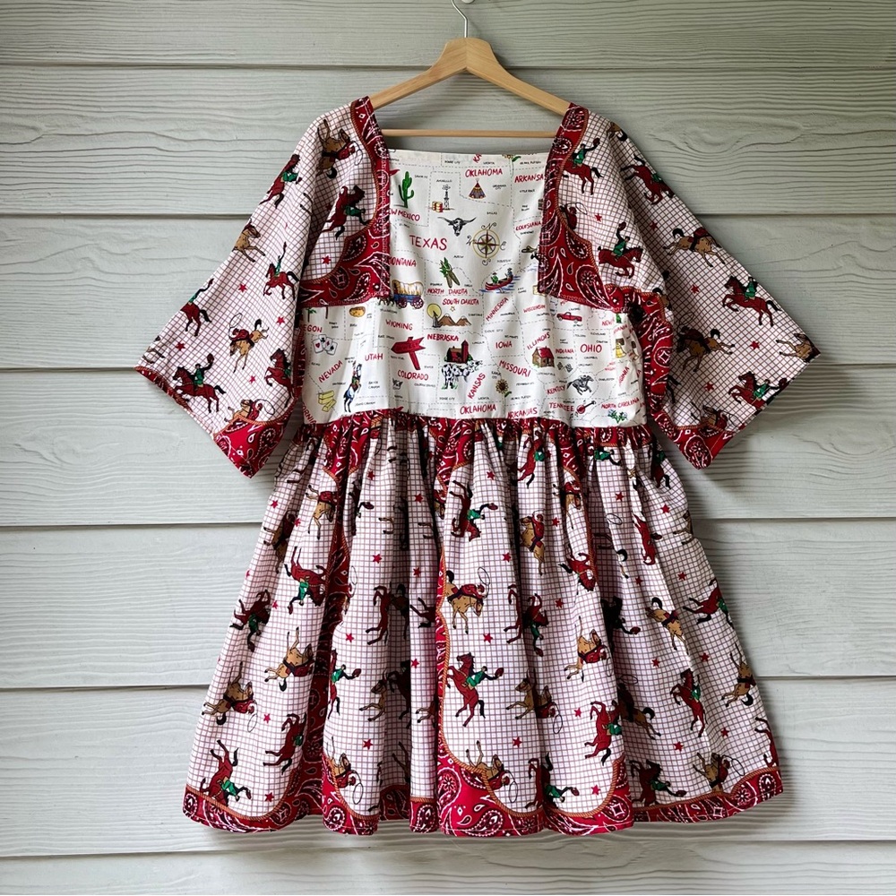 Western Rodeo | US Map | Handmade Bandana Dress SKU 05296 Red/Cowboy - Picture 3 of 16